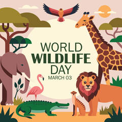 World Wildlife Day concept with animals in the forest. Modern flat vector illustration. Web banner template.