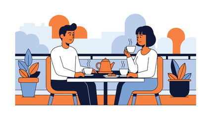 Modern flat illustration of a couple sharing a peaceful tea moment, ideal for calm lifestyle visuals, relationship bonding, and emotional content