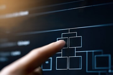 Showing a digital flowchart on a screen while pointing at a specific section during a meeting