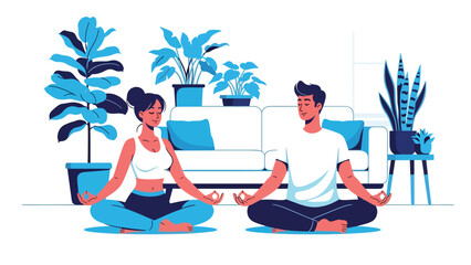 Modern flat illustration of a couple meditating together peacefully, ideal for wellness visuals, mindfulness guides, and calm lifestyle content