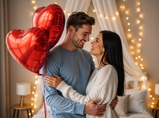 A loving couple celebrating valentine's day with red heart balloons. Man and woman smiling and hugging in a romantically lit bedroom