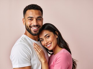 Obraz premium Happy young interracial couple smiling in a studio portrait. Affectionate black man and asian woman embracing with joy. Love and relationship concept
