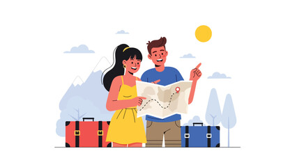 Modern flat illustration of a couple excitedly planning travel, ideal for lifestyle, vacation inspiration, relationship visuals, and adventure themes