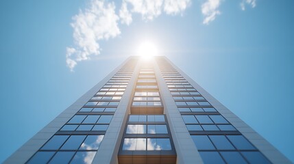The tall glass skyscraper in the downtown city acts as a ladder to sky for corporate business