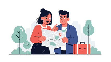 Modern flat illustration of a couple excitedly planning travel, ideal for lifestyle, vacation inspiration, relationship visuals, and adventure themes