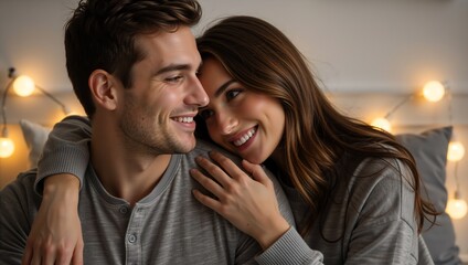 Happy young couple in love hugging in a cozy bedroom. Smiling man and woman embracing with affection on a romantic evening at home