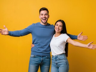 Obraz premium Happy young couple smiling with open arms in a welcoming gesture. Cheerful man and woman in casual clothes embracing against a yellow background with copy space