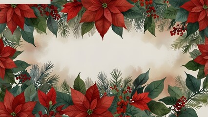 Watercolor Holly Leaves and Red Berries Christmas Background Festive Botanical Illustration