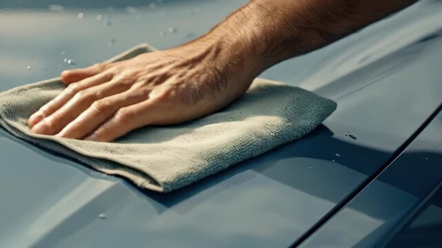 A close-up reveals careful hand wiping of a car&rsquo;s surface with a cloth, ensuring a clean, polished appearance