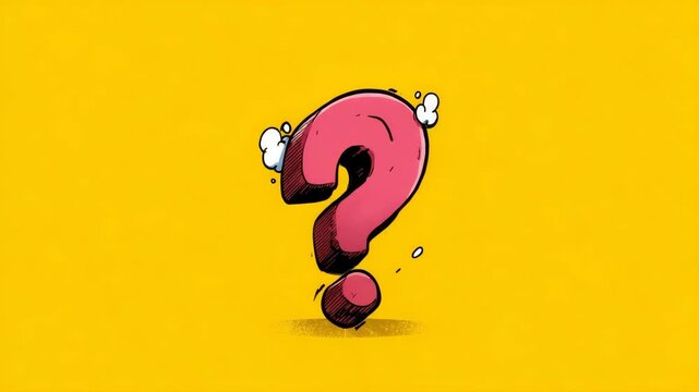 Cartoon pink question mark with comic drawing style on solid yellow background. Concept of curiosity, inquiry, decision, and uncertainty