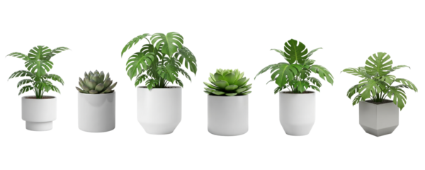 Various Decorative houseplants in modern ceramic vase collection isolated on transparent background - no back ground