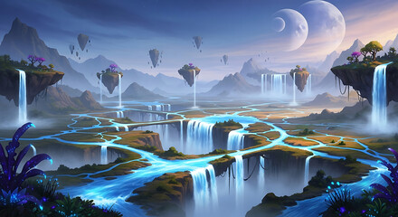 Vibrant Fantasy Landscape with Floating Islands and Moons