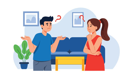 Modern flat illustration of a couple feeling confused during a discussion, ideal for communication topics, relationship psychology, and emotional awareness