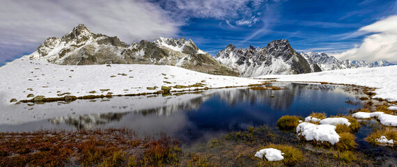 winter mountain lake landscape with snow covered mountains