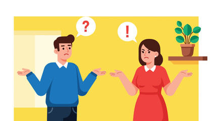 Modern flat illustration of a couple feeling confused during a discussion, ideal for communication topics, relationship psychology, and emotional awareness
