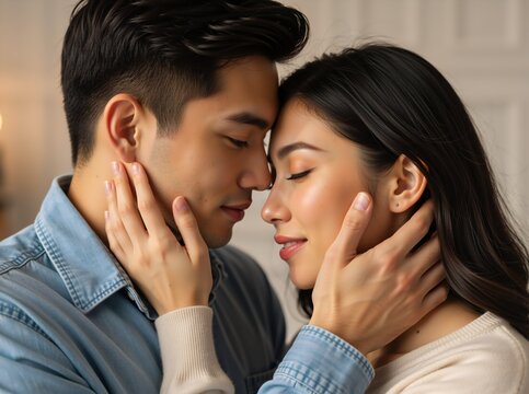 Affectionate young asian couple in a tender, intimate moment. Man and woman touching foreheads with eyes closed. Concept of love and romance - Powered by Adobe