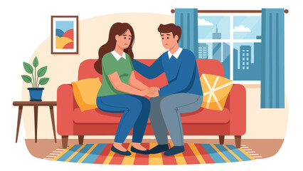 Flat vector artwork of a couple supporting each other through anxiety, ideal for mental health education, emotional wellbeing visuals, and relationship care