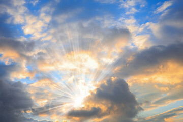 sunset sky with clouds and sun lights