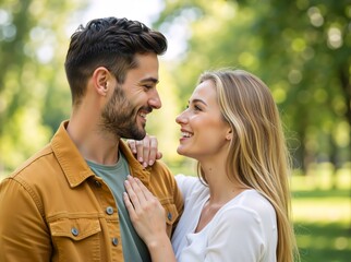 Fototapeta premium A loving young couple looking into each other's eyes and smiling. Happy man and woman on a romantic date in a summer park. Relationship and togetherness concept