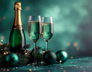 New Year's Eve turquoise and gold background with a champagne bottle, glasses, baubles, and Christmas decorations