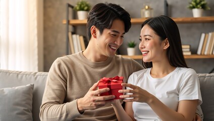 Young Asian man giving a red gift box to his smiling partner. Happy couple celebrating a special occasion like an anniversary or birthday at home