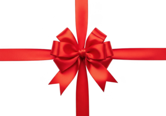 A bright red satin ribbon tied into a classic bow, forming a cross shape on a transparent background