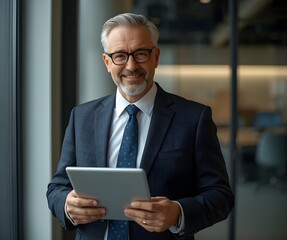 Busy Mature Businessman Standing in Office Using Digital Tablet &ndash; Professional Executive Photography