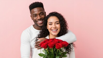 A happy interracial couple smiling with a bouquet of red roses. A young Black man hugs his girlfriend as she holds a romantic gift on a pink background