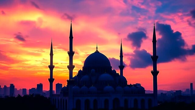Silhouette of a mosque with four minarets at sunset in a cityscape
