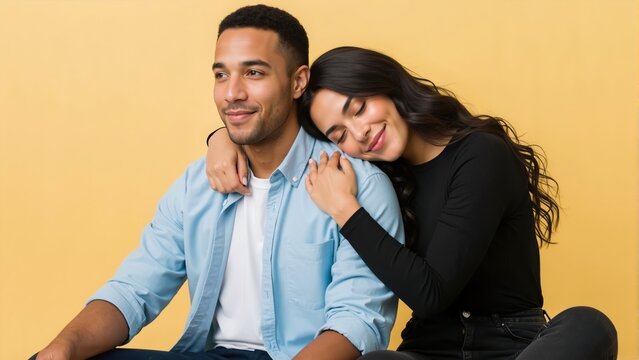 Affectionate young mixed-race couple embracing on a yellow background. Happy woman resting her head on her man's shoulder. Love, intimacy and relationship concept with copy space - Powered by Adobe