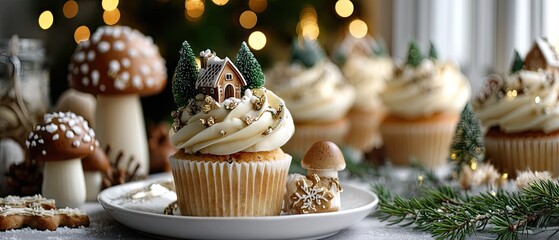 Festive holiday cupcakes decorated with tiny houses and trees create a warm, cheerful atmosphere in a cozy kitchen setting during winter