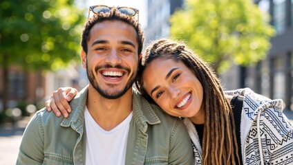Happy young multi-ethnic couple smiling outdoors. Portrait of a loving mixed-race man and woman embracing in the city