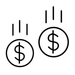 Falling money coins isolated vector transparent illustration, linear icon style for financial designs or cashless economy concepts