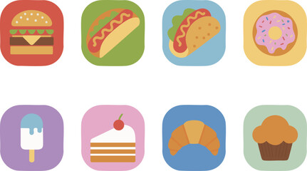 Cute colorful food icon set &ndash; flat vector illustrations of burger, hotdog, taco, donut, ice cream, cake, croissant and muffin for apps and branding