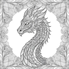 Majestic Dragon Adult Coloring Page Line Art Detailed fantasy dragon illustration for adults. Intricate black and white zentangle line art of a mythical creature for stress relief.