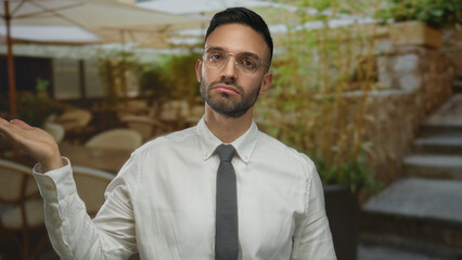 Naklejka premium Young hispanic man in glasses and tie standing on outdoor restaurant terrace with tables, showcasing modern casual style and vibrant ambiance in urban setting.