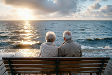 Elderly Couple Enjoys Golden Sunset on Bench by Water