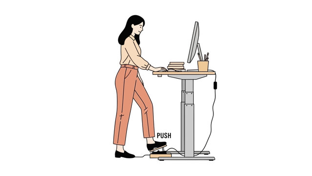 Illustration of a woman using a standing desk with a foot pedal illustration