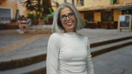 Fototapeta premium Woman smiling with visible face and glasses wearing white shirt, standing on street steps by a building; mature contentment.