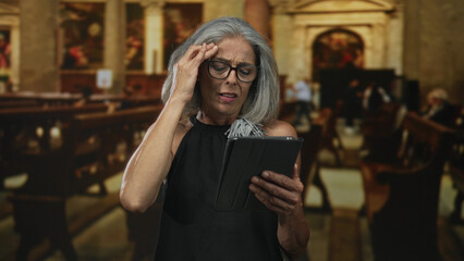 Woman holding tablet with hand to forehead while seated in church pews near altar paintings; frustration.