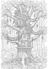Magical Fantasy Treehouse Adult Coloring Page
Woodland Detailed fairy tale treehouse illustration for adults. Intricate black and white zentangle line art of a magical forest dwelling for stress