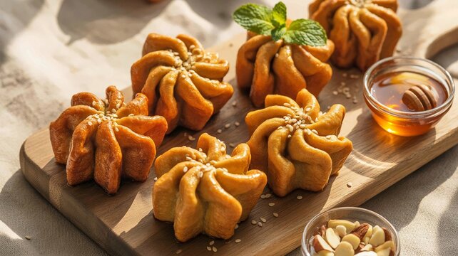 Artisan Flower-Shaped Pastries with Sesame Seeds and Honey on Wooden Board &ndash; Gourmet Dessert Food Styling with Almonds and Mint Garnish in Warm Natural Light