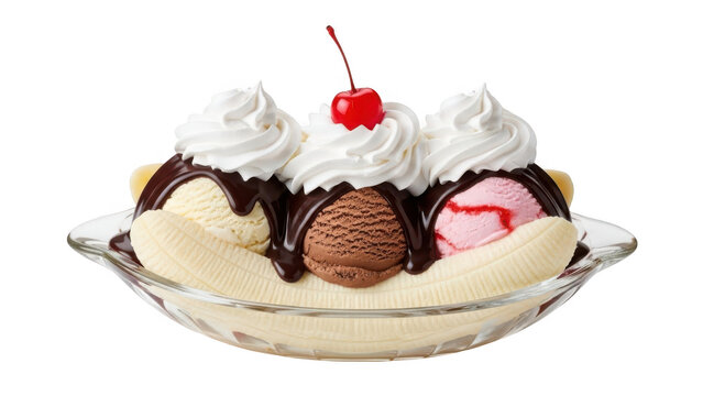 Classic banana split dessert with ice cream and whipped cream isolated on transparent background