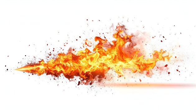 A fiery, animated trail of orange and red flames with smoke and embers on a white backdrop - Powered by Adobe