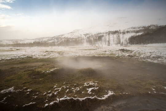 View of geothermal steam rising from the patchy snow and brown fields, with mountains and trees in the distance, Reynisfjara Beach, Vik, Iceland.