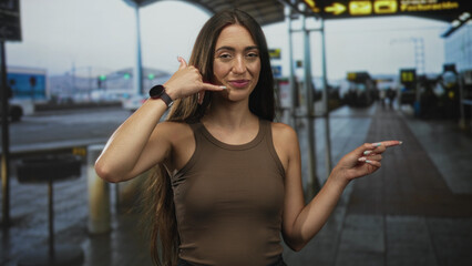 Fototapeta premium Woman wearing brown tank top holding hand to ear in call gesture and pointing with other hand at airport terminal curbside; friendly travel.