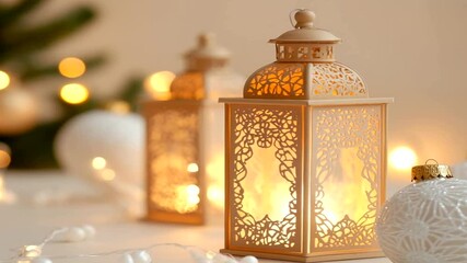 Golden lanterns with white Christmas ornaments on a table with fairy lights - Powered by Adobe