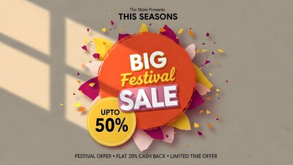 Colorful big festival sale advertisement with percentage off and confetti elements