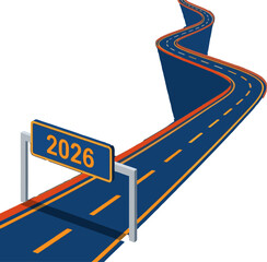 A dynamic road leads to 2026, symbolizing progress and future goals. Bold colors and a clear composition create a visually engaging design suitable for business and motivational content.