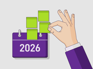 A hand adjusts sticky notes on a calendar for 2026, symbolizing planning and future goals. Modern, minimalist illustration with a professional touch.